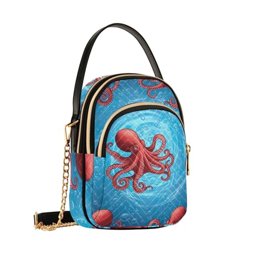 Red Octopus Bubbles Blue Sea Womens Shoulder Handbag Chain Strap Wallet Phone Purse Floral Print Ladies Crossbody Satchel Bag, 5.9" × 8.3" × 3.1"2