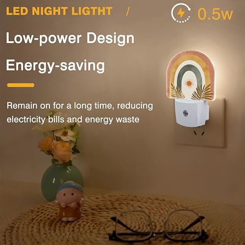 Image of Sun and Leaves Night Light, Boho Rainbow Night Lights Plug into Wall Dusk to Dawn Sensor Round Nightlight for Women Men Energy Efficient Led Lamp 0.5W for Stairway Hallway Bedroom