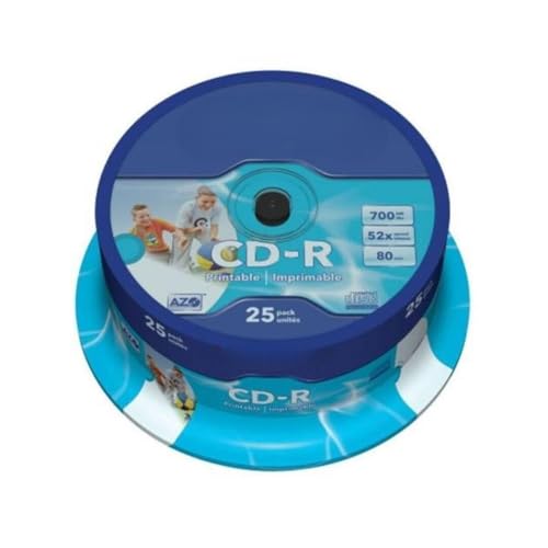 CD-R 700MB 52X AZO Printable, Pack de 25, idéal pour Le Stockage et la Copie de données, la Musique et la création de disques personnalisés.