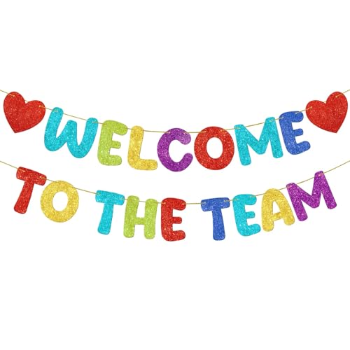 Fulmoon Pre Strung Welcome to The Team Banner with Two Heart Signs NO DIY Glitter Welcome Party Supplies for New Employee Coworker Colleague Staff Team Member Office Decorations (Colorful)