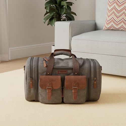 Image of Wildroad 60L Travel Duffel Bag, Expandable Canvas Genuine Leather Duffle Bag Upgraded Overnight Weekender Bag Carry on Bag