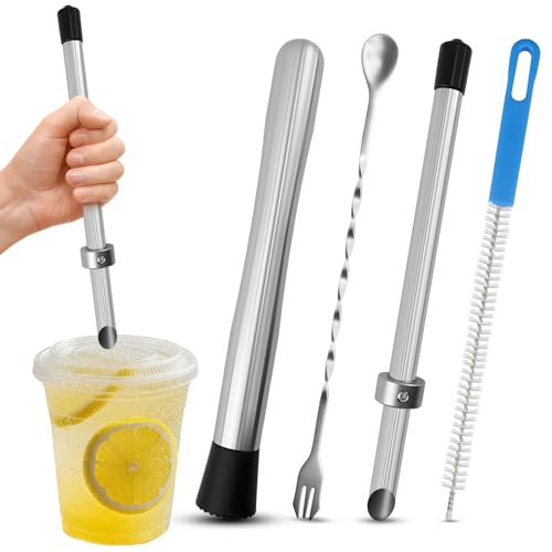 Lemonade Muddler Kit 4-in-1 - Straw Hole Puncher for Plastic Lids, Lemon Smasher Cocktail Bar Tool with Cleaning Brush | Lemonade Supplies for Home & Party