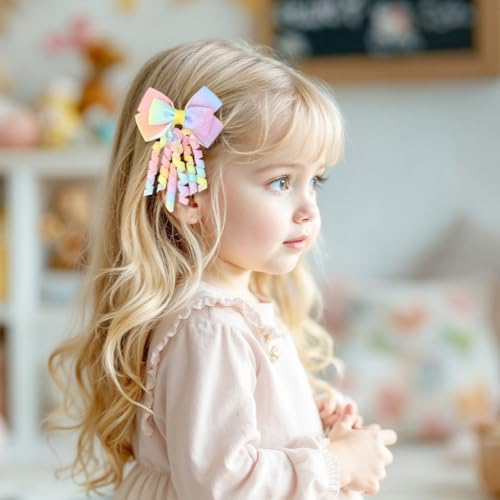 Image of Hodaqe Long Tail Bow Hair Clips for Girls, 2 Pcs | Ribbon bow clips with metal fasteners and flowing tails for ponytails, braids, parties, school and everyday hairstyles.