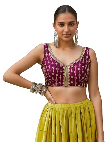 Image of TRENDMALLS Women's Dhupion Silk Embroidery Sequence Work V Neck Sleeveless Blouse Choli Stylish Saree Blouse Ready to Wear
