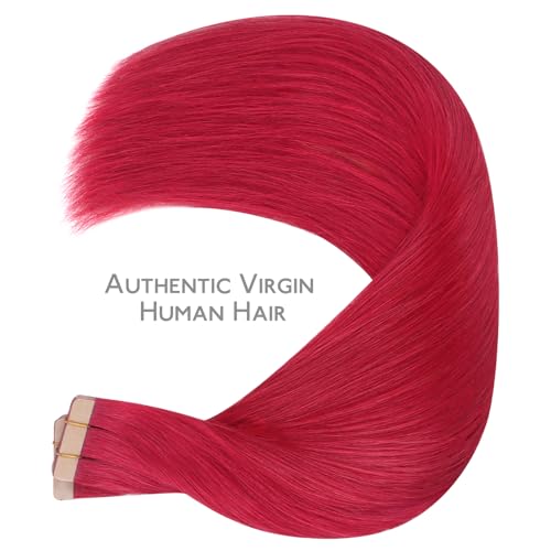 Image of WENNALIFE Tape in Hair Extensions, 40pcs 60g 10 Inch Red Human Hair Straight Invisible Reusable Real Extensions