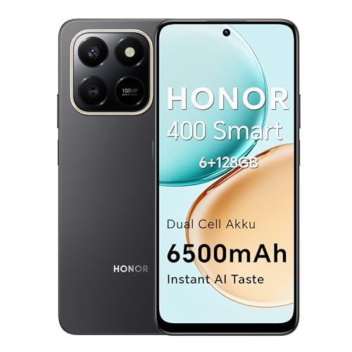 HONOR 400 Smart 4G Smartphone Dual SIM NFC Android 15, 6+128GB, 6500 mAh Dual Cell Akku, 108MP +2MP mit AI Taste Telefon, 6,77 Zoll 120 Hz Comfort Display, 5 Sterne SGS&IP65, Velvet Black