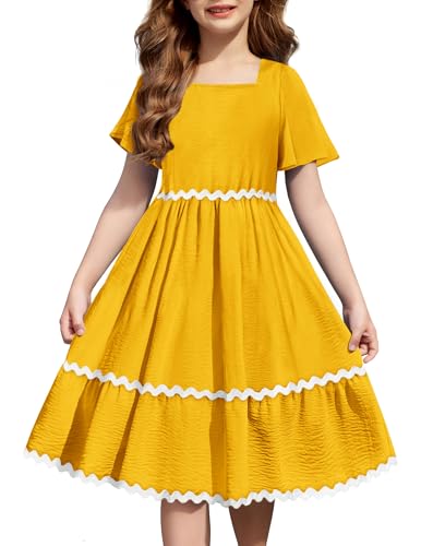 Arshiner Girls Summer Dress Flutter RIC Rac Tiered Short Sleeve Square Neck Casual Midi Dresses with Pockets