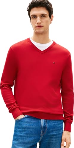 Tommy Hilfiger Pull Homme Essential Cotton Col en V, Rouge (Medium Red), XXL