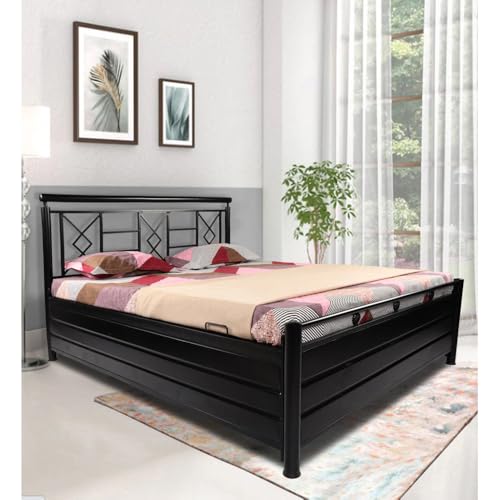 Image of Arena Hydraulic Storage Metal Bed Queen Size, Double Bed Furniture with Storage, Metal Bed with Storage, Wrought Iron Box Bed