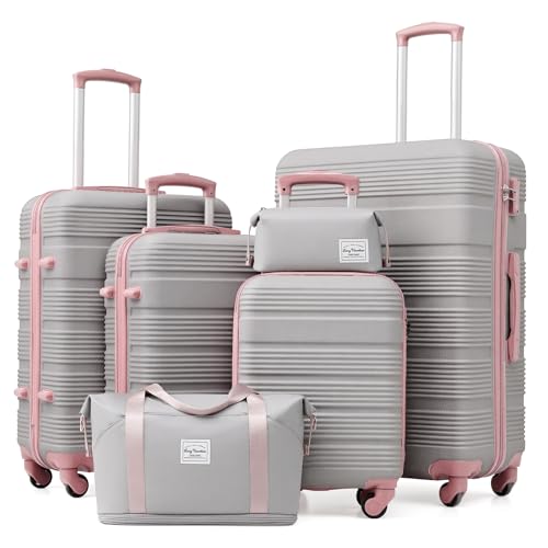 Image of LONG VACATION Luggage Sets with Spinner Wheels, Suitcase Set 6 Piece | ABS+PC Hardshell, Lightweight, Durable, TSA Lock, YKK Zipper,Unisex for Family Travel Business, Grey-Pink (16 /20 /24 /28 /DB /TB)