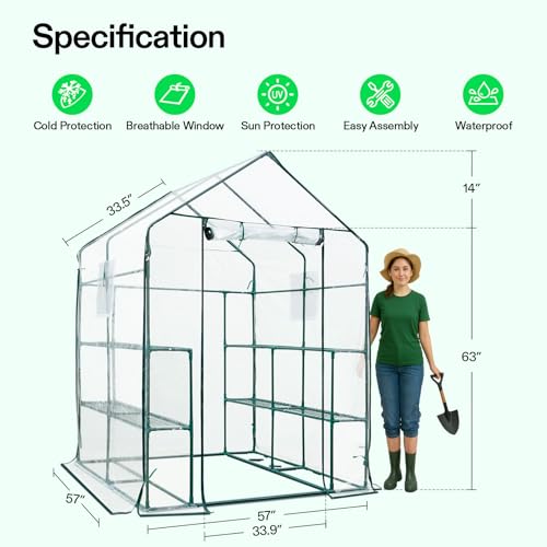 Image of VIVOSUN 57x57x77-Inch Transparent Mini Walk-in Green House with Window and Anchor, Plant Garden Hot House 2 Tiers 8 Shelves, 4.7 x 4.7 x 6.4 FT