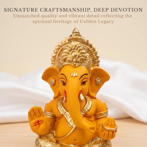 Image of Golden Legacy Orange and Gold Ganesha Idol - 3.5 Inch Divine Seated Ganpati Statue with Premium Finish for Home Mandir, Office Desk, and Car Dashboard - Auspicious Vastu Home Decor and Spiritual Gift
