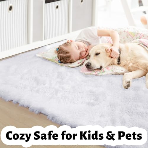 Amdrebio White Area Rugs for Bedroom, Shag Fluffy Rug for Living Room, Modern Furry Shaggy Throw Rug for Kids Room, Teen Girls, Dorm, Baby Nursery, Cute Fuzzy Fur White Carpet, 4x6 Rug, Home Decor