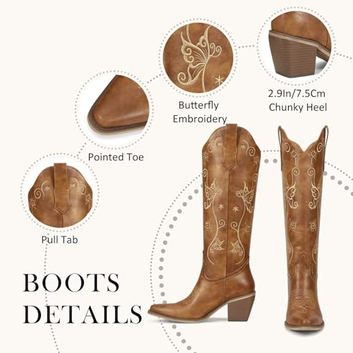 Image of wetkiss Cowboy Boots for Women Knee High, Low Heeled Stable and Comfortable | Knee High Cowgirl Boots,Western Boots with Embroidery,Pull On,Slip On,Non-slip Rubber Sole,Soft and Breathable PU Leather