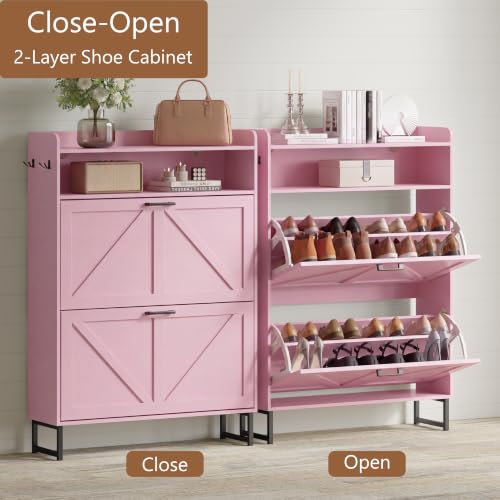 Image of Xixini Shoe Storage Cabinet with 2 Flip Drawers, Entryway Shoe Rack, Pink