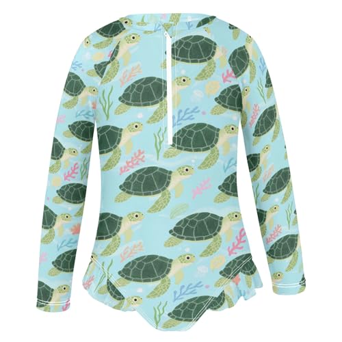 Sea Turtle Coral Pattern Girls Long Sleeve Swimsuit Rash Guard One Piece Bathing Suits Zipper 3-12T2
