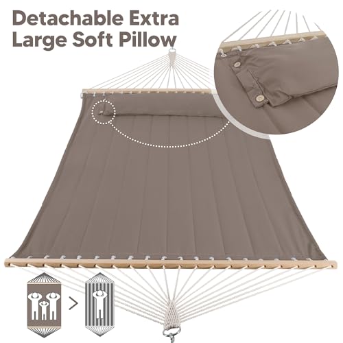 Image of SUNCREAT Double Quilted Hammock with Hardwood Spreader Bar, Extra Large Soft Pillow, Heavy Duty 2 Person Hammock for Indoor, Outdoor, Brown