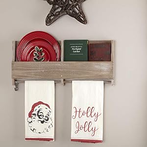 VHC Brands Chenille Christmas Holly Jolly Text Muslin Cotton Farmhouse Decor Fabric Loop Embroidered Pom Lace Kitchen Towel Set of 2 Soft White