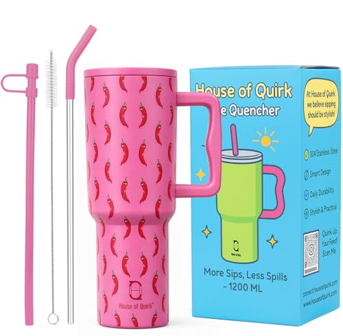 Image of House of Quirk 1200ML Stainless Steel Tumbler with Handle & Lid, 2 Straws - Large Travel Mug Water Cup for Gym, Office & Outdoor Use (Pink Chili)