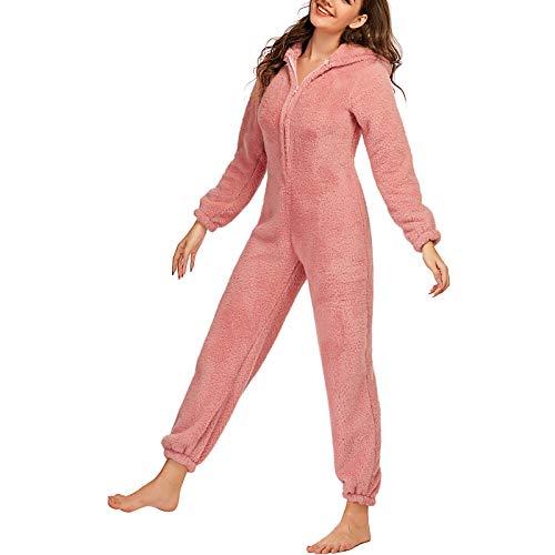 Burkashear Mono de Pijama de Manga Larga con Cremallera de Color Liso para Adulto con Forro Polar Suave y cómodo con Capucha, Ropa de Noche Simple, Dormitorio Primavera Invierno (Rosa, L) Cover