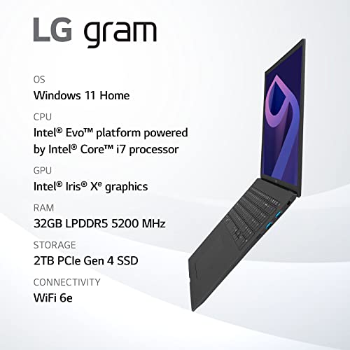Lg Gram (2022) 17Z90Q Ultra Lightweight Laptop, 17" (2560 X 1600) Ips Display, Intel Evo 12Th Gen I7 1260P Processor, 32Gb Lpddr5, 2Tb Nvme Ssd, Fhd Webcam, Wifi 6E, Thunderbolt 4, Windows 11, Black #TOP2
