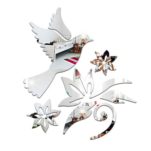 Hemobllo Sticker Mural Acrylique Miroir Argenté Motifs Colombe Paix Et Branche Olivier Décoration Murale Pour Salon Chambre Et Nurserie Facile à Poser...