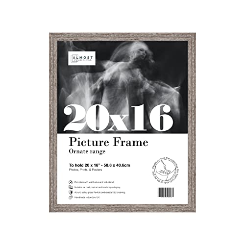 20x16 Walnut Ornate Picture Frame 20"x16"(50.8x40.6cm) Poster, Photo, Artwork, or Print. Shabby Chic Style Portrait and Landscape Display with Wall Hooks