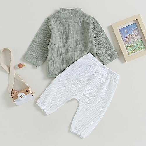 Image of VISGOGO Toddler Boy Linen Outfit Baby Boy Fall Winter Clothes Set Button-Down Shirt Tops Cotton Linen Pants 2PCS