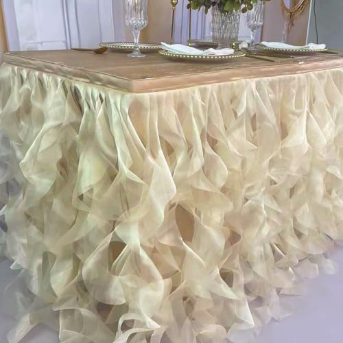 Image of Luxury Organza Mesh Table Skirt Draping Floating Romance - Perfect for Bridal Showers, Birthday Weddings - Clear Flowing Decoration for a Wonderful Main Cake Table (Champagne-9ft, 108 inchLx30 inchH)