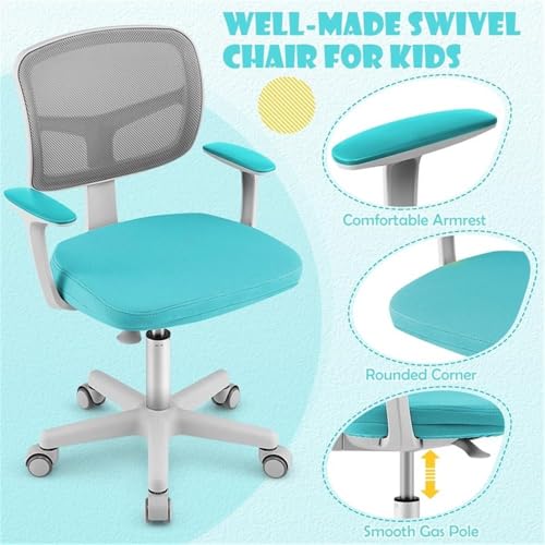 Image of Pemberly Row Kids Study Chair, Adjustable Height 31.5 inch-36 inch, Green, Ergonomic Design with Lumbar Support, Mesh Back, Auto Brake Casters, 360-Degree Swivel, Comfortable Seat for Children's Workspace