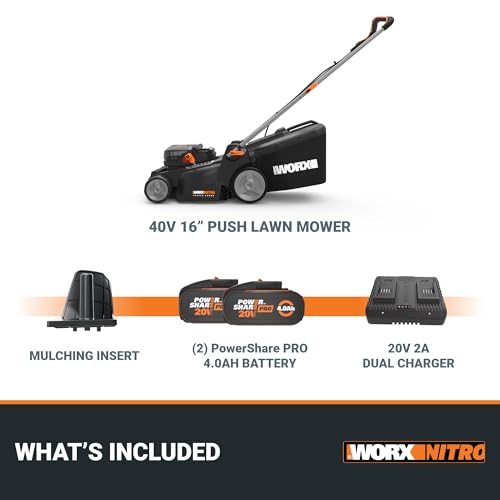 Image of WORX Nitro 16 inch Cordless Lawn Mower, 2 in 1 Electric Mower with with Brushless Motor, Lightweight Push Lawn Mower for 1 /4 Acre, 2 Batteries & Charger Included, WG737