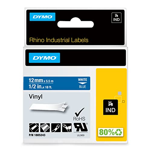DYMO Rhino Etichette in vinile industriale | 12 mm x 5,5 m | Stampa bianca su blu | Autoadesive | per DYMO LabelManager e Rhino Label Makers
