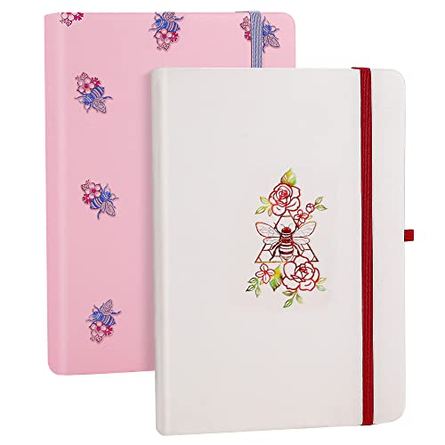Fanery sue Journals for Writing Bee A5 Lined Journal Notebook 2 Pack Leather Hardcover 180°Lay Flat Thick Paper with Elastic Band, Inner Pocket and Pen Hoop(White Pink)