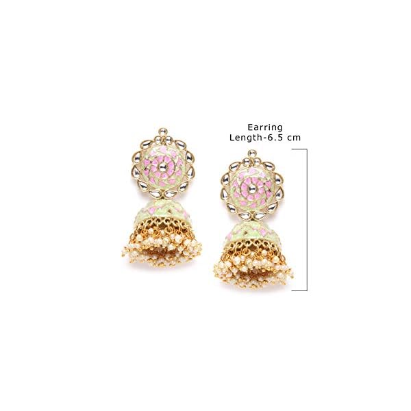 Zaveri Pearls Enamelling Sea Green & Pink Kundan & Pearls Ethnic Jhumki Earring For Women-ZPFK9612 - Image 5