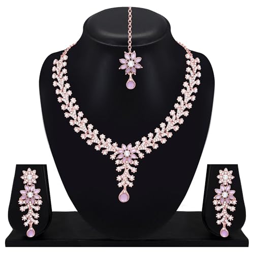 Image of Atasi International Diamond Necklace Jewellery Set for Women with Earrings and Maang Tikka for Wedding, Party, Engagements & Festivals
