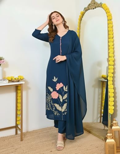 Image of ANNI Designer Women's Viscose Blend Embroidered Straight Kurta with Pant & Dupatta | Ethnic Kurta Set for Women | 3 /4 Sleeve Festive Traditional Dress | Office, Party & Daily Outfits Suit Set