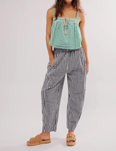 Image of PEHMEA Cotton Gingham Boxer Pants for Women Casual Plaid Harem Trousers Y2K Beach Lounge Bottoms with Pockets