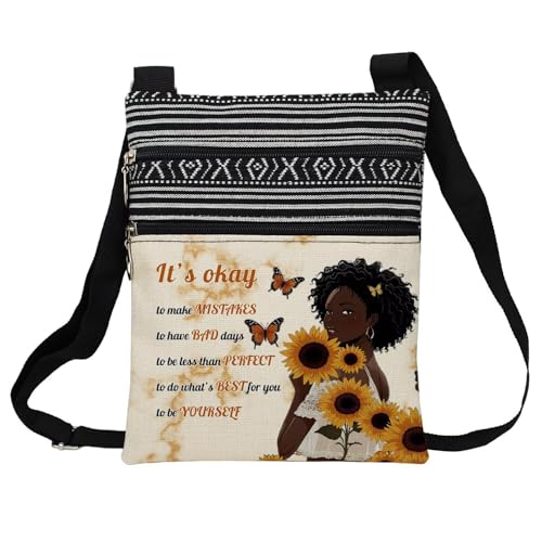 African American Messenger Bag Small Ethnic Pattern Adjustable Strap Crossbody Zipper Pouch Sunflower Inspiring Phone Organizer It's Okay To Be Yourself Shoulder Handbag for Black Women