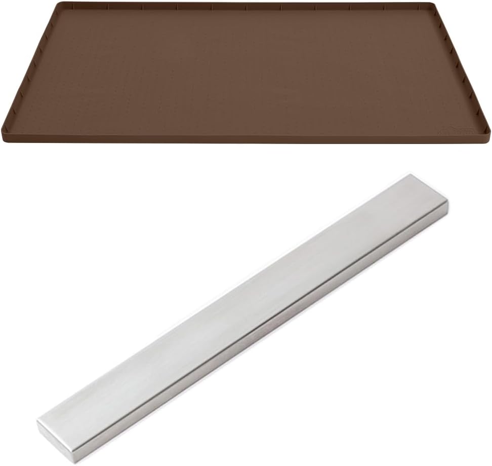 Gorilla Grip Silicone Under Sink Mat with Raised Lip and Heavy Duty Stainless Steel Magnetic Knife Holder, Mat Size 34x22 Coffee, Waterproof, Holder Size 10In Silver, Magnet Strip, 2 Item Bundle