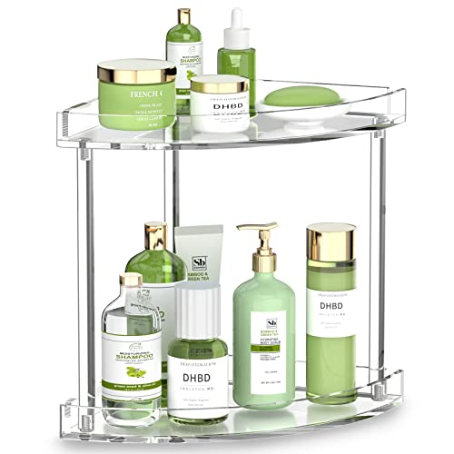 NPPLUS 2 Tier Acrylic Bathroom Counter Organizer Clear Bathroom Countertop Corner Organizer 2-Tier Corner Storage Shelf Vanity Trays Home Storage Holder for Makeup Cosmetics Perfume Organizer