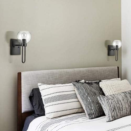 Image of Clear Glass Globe Wall Sconce Modern Matte Black Glass Sconce Light 1-Light Globe Wall Light Fixture for Bathroom Hallway Bedroom