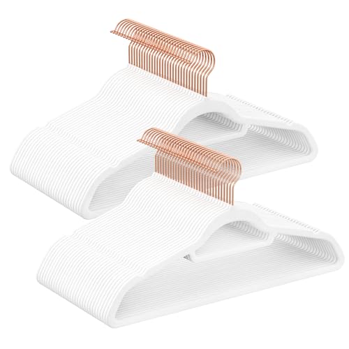 SONGMICS Velvet Hangers, Set of 60 Clothes Hanger with Rose Gold Swivel Hook, Non-Slip, and Space-Saving, 0.2-Inch Thick, 17.1-Inch Long for Coat, Shirt, Dress, Pants, Tie, Cloud White UCRF0