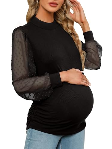 Image of FMEYOA Women's Maternity Shirt Long Sleeve Top Swiss Dot Mock Neck Ribbed Knit Striped Ruched Side Blouse