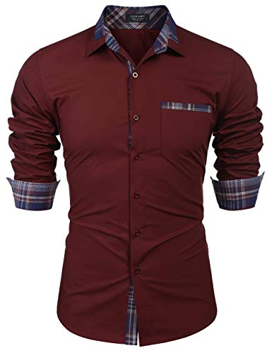 COOFANDY Men's Casual Long Sleeve Plaid Collar Dress Shirt Cotton Slim Fit Button Down Shirt Wine Red