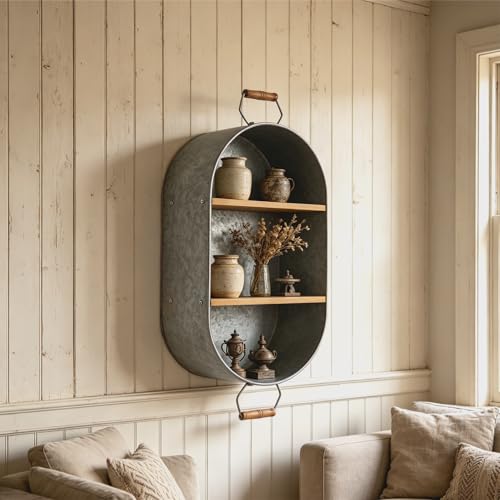 Oakrain Farmhouse Towel Rack with Wood Shelves Galvanized Wash Tub Rustic Towel Holder Decorative Wall Shelf for Bathroom Lavatory Entryway