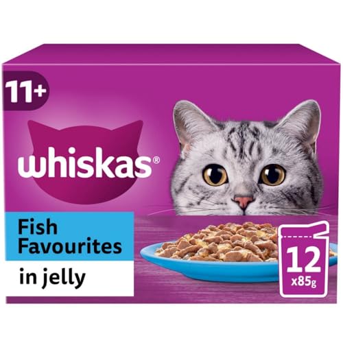 96 x 85g Whiskas 11+ Fish Favourites Mixed Senior Wet Cat Food Pouches in Jelly