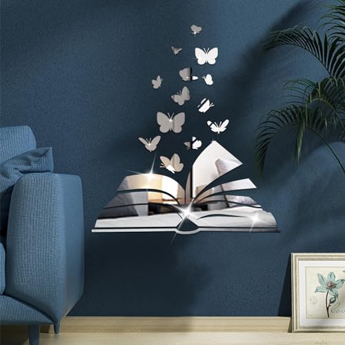 Shackcom 15pcs Miroir Stickers Muraux Miroirs Décoratif Acrylique Adhésif Autocollant Mural Amovible DIY Décoration pour Maison Chambre Salon Décor- Papillon Livre Argent