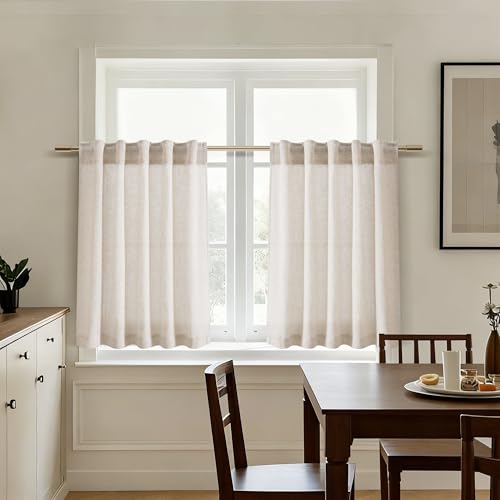 Image of Nanspring Kitchen Curtains Linen 36 Inch Length Beige Farmhouse Small Cafe Curtains Semi Sheer Back Tab and Rod Pocket Drapes for Basement Short Window Curtain 26 x 36 Inch, 2 Panels