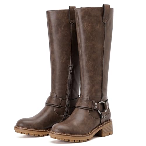 Knee High Boots for Women Comfort Stylish Casual Round Toe Tall Riding Combat Boot Classic Fashion Fall Winter Knee-High Flat Boots. 8 Brown Pu 972