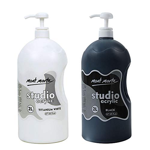 Mont Marte Discovery School Acrylic, Titanium White and Black, 1/2 Gallon (2 Liter). Ideal for Students and Artists. Excellent Coverage and Fast Drying. Pump Lid Included.